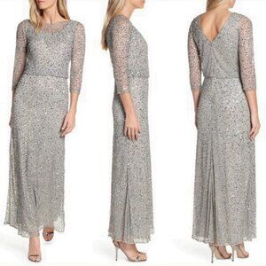 Pisarro Nights Size 8 Womens Bead Embellished Blouson Gown Maxi Dress in Gray